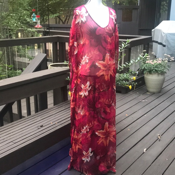 💕Lucky brand. Deep Raspberry Floral , Sheer Maxi cover-up/ long tunic ! 🌸🌷🦋 - Picture 6 of 9